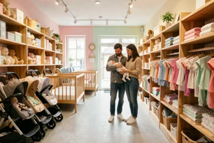 Intérieur d'un magasin de puériculture en Auvergne-Rhône-Alpes avec poussettes, lits et vêtements bébé exposés
