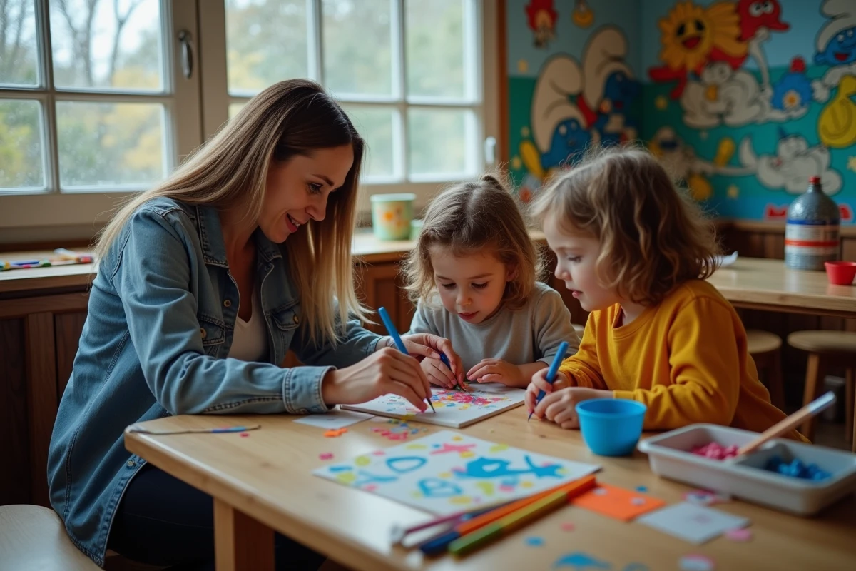 Maman aidant ses enfants lors d une activité artistique intérieure