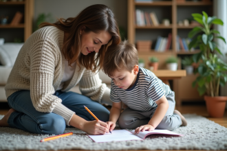 Maman aidant son enfant à faire ses devoirs à la maison