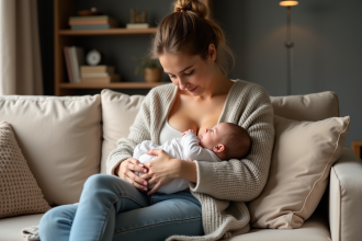 Jeune maman allaitant son bébé sur un canapé beige