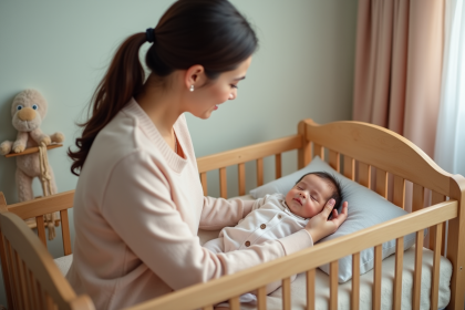 Maman douce plaçant son bébé dans un lit en bois dans une nurserie cozy