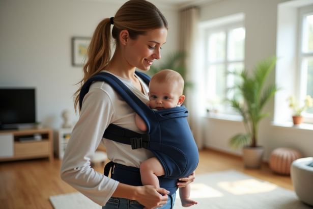 Jeune maman portant un porte-bebe ergonomique avec son bébé