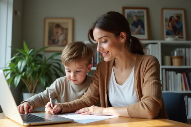 Maman et enfant dans un espace de travail à domicile