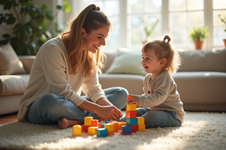 Maman jouant avec son enfant de deux ans avec des blocs colorés