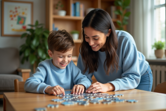Maman et son enfant jouent au puzzle dans un salon chaleureux