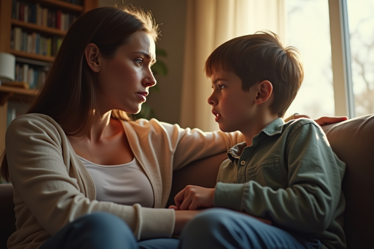 Maman préoccupée parle doucement à son enfant dans le salon