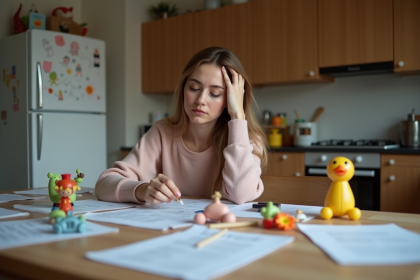 Maman fatiguée assise à la table de cuisine