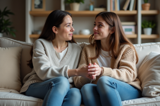 Mère et fille adolescente discutant sur un canapé familial