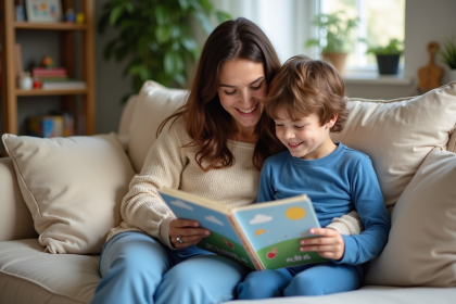 Maman lit un livre à son enfant dans un salon chaleureux