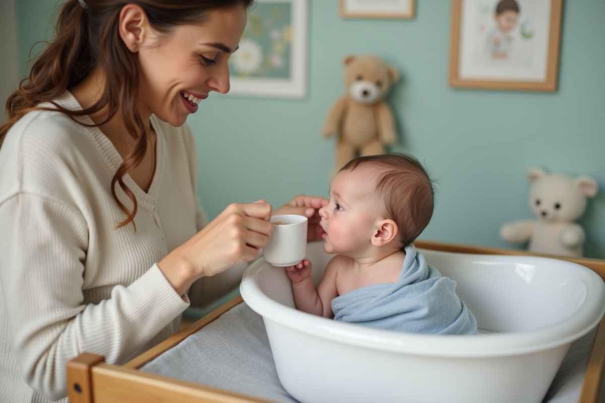 Maman rinçant les cheveux de son bébé dans le bain