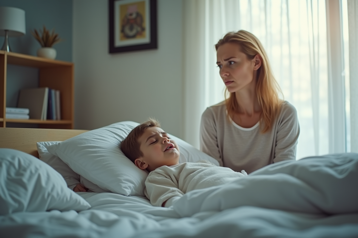 Mère inquiète surveillant son enfant endormi dans une chambre moderne