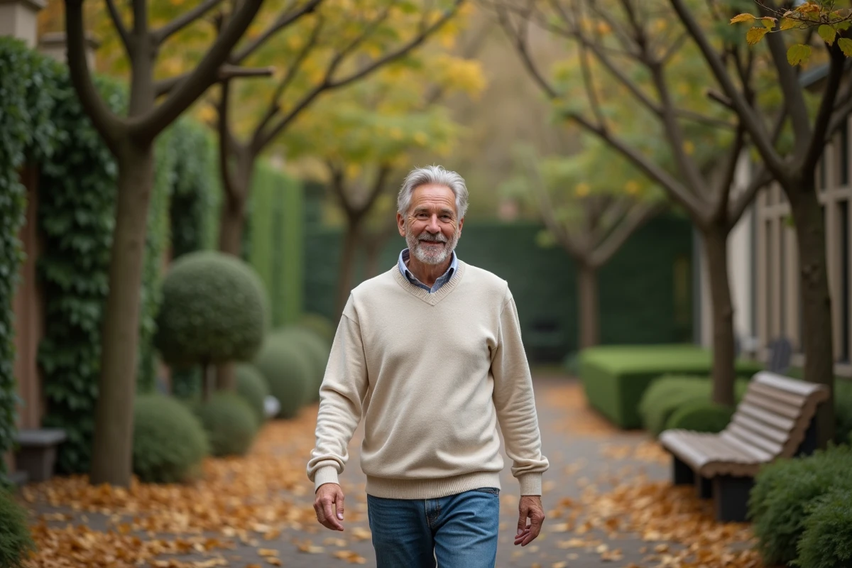 Homme élégant se promenant dans un jardin privé en automne, feuilles dorées au sol, atmosphère sereine et préservée loin des médias