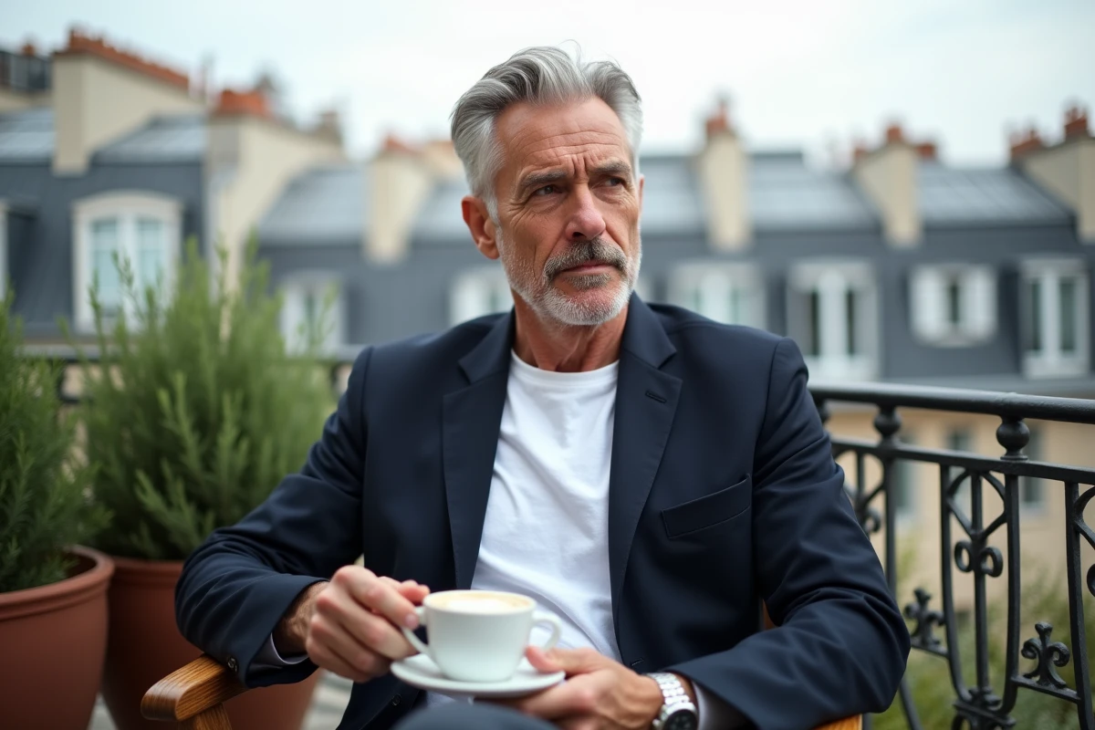 Homme posé en terrasse parisienne avec un café, toits de Paris en arrière-plan flou, portrait intime évoquant une vie discrète loin des caméras