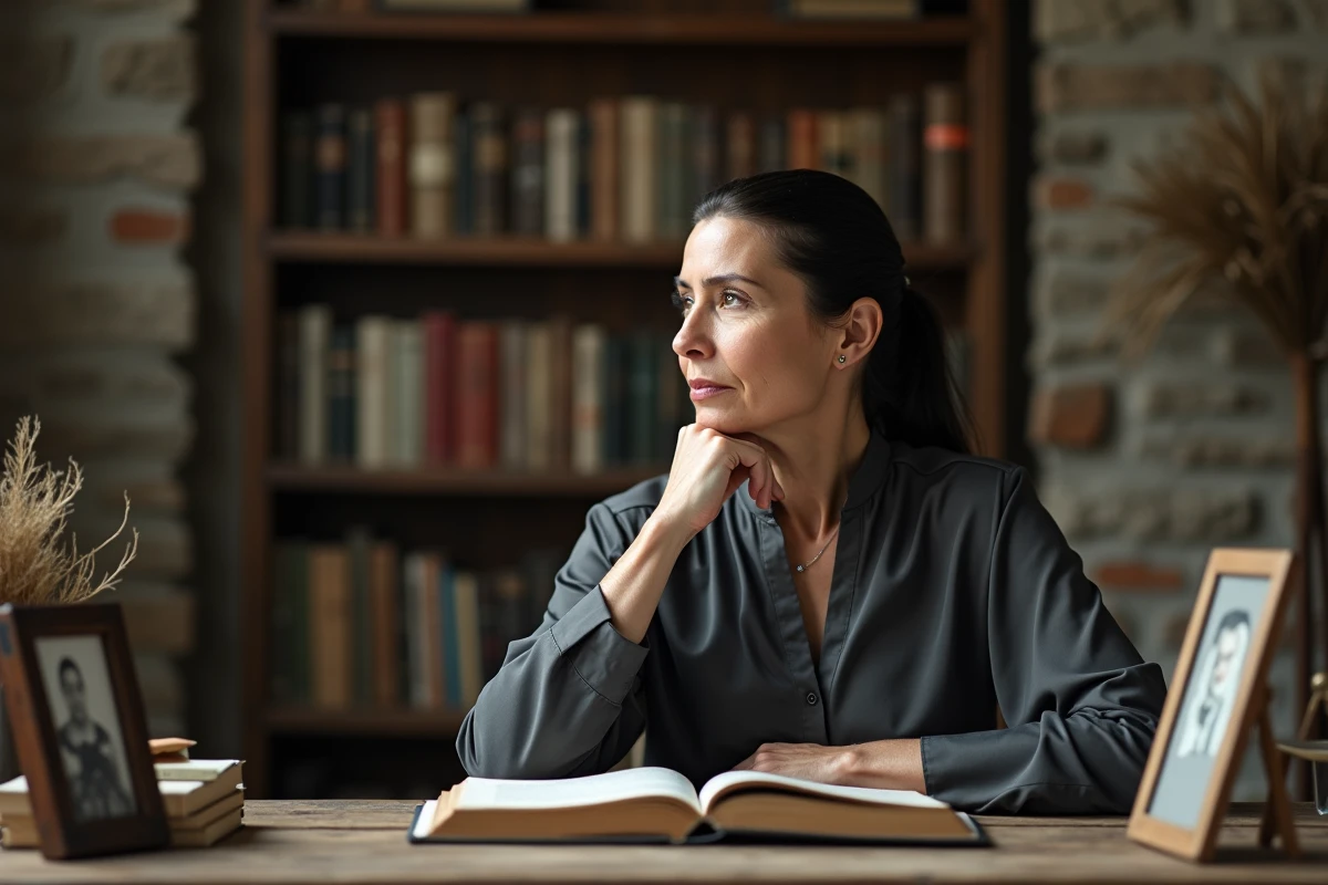 Femme pensive dans un bureau intime entouré de souvenirs personnels, illustrant la maternité secrète et la vie discrète d'une artiste connue