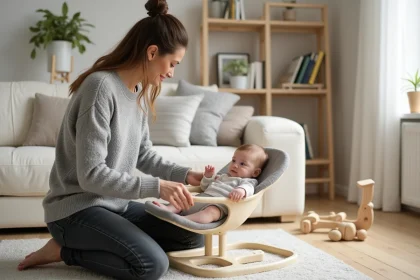 Mère installant son bébé dans la Polly Magic Relax Chicco dans un salon scandinave chaleureux