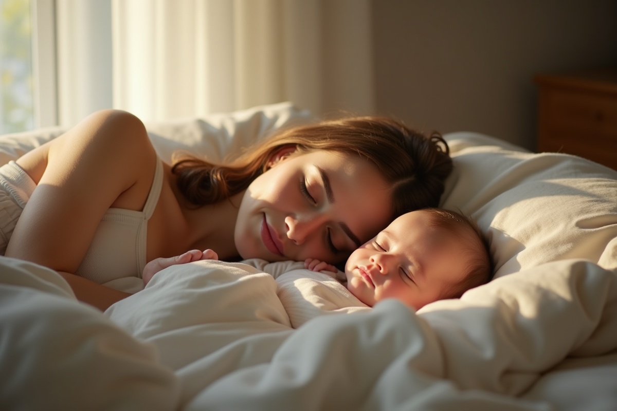 Mère endormie paisiblement avec son bébé dans un lit en matinée