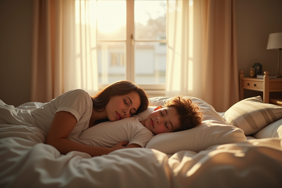 Mère et enfant dormant dans une chambre lumineuse