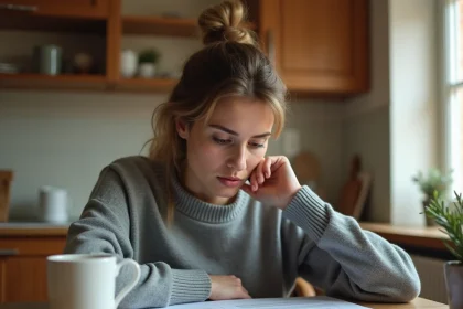 Mère isolée lisant un courrier officiel de la CAF à sa table de cuisine avec une expression préoccupée