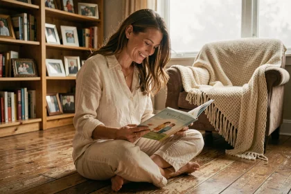 Mère souriante tenant un livre illustré pour enfants dans un salon chaleureux et nostalgique