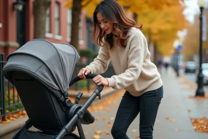 Jeune mère ajustant une poussette 4 en 1 convertible sur un trottoir urbain en automne