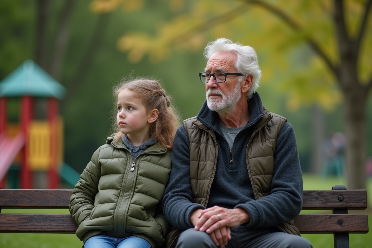 Fille et homme assis sur un banc dans un parc