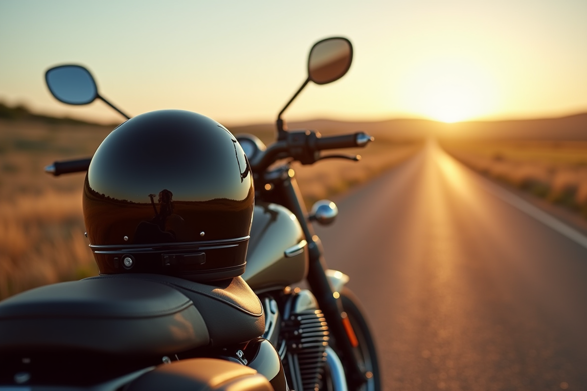 Casques sur une moto au bord d une route ensoleillee