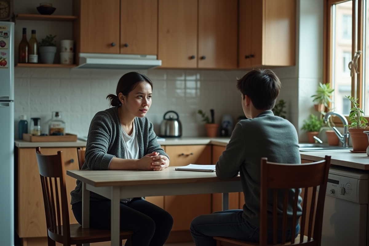 Mère et fils dans la cuisine avec regard pensif