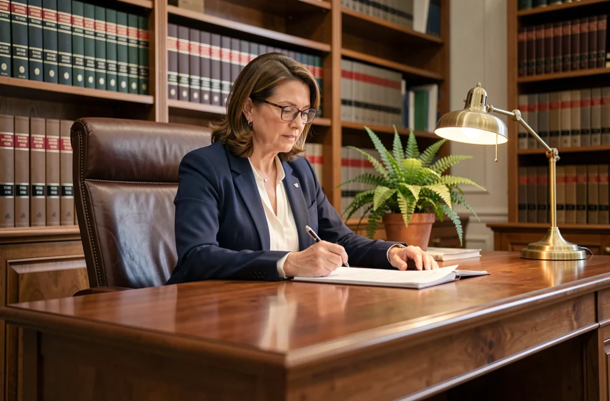 Notaire féminine examinant des documents juridiques dans son cabinet, en lien avec les procédures de divorce et de dissolution de Pacs en France