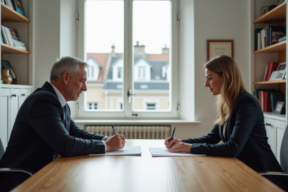 Un couple signe des documents chez le notaire en France