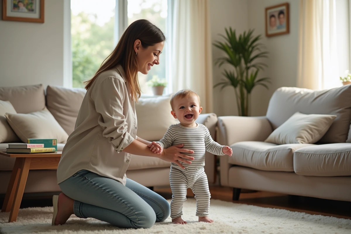 Assistante maternelle aide un bébé à se tenir debout dans le salon