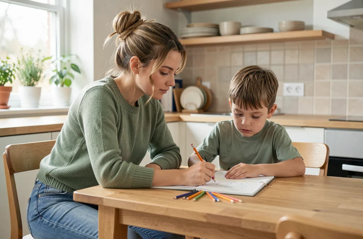 Nounou aidant un enfant à dessiner à la table de cuisine, ambiance calme et bienveillante à la maison