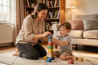 Nounou sereine jouant avec un tout-petit dans un salon chaleureux, empilant des blocs en bois colorés ensemble