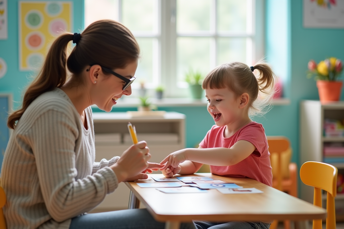 Orthophoniste menant une activité ludique avec un enfant en classe