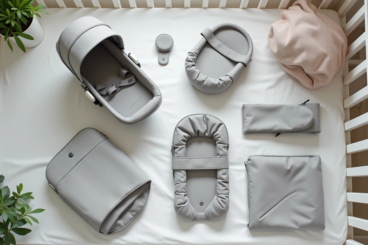 Vue à plat des éléments d'un pack naissance classique pour bébé dans une chambre nordique