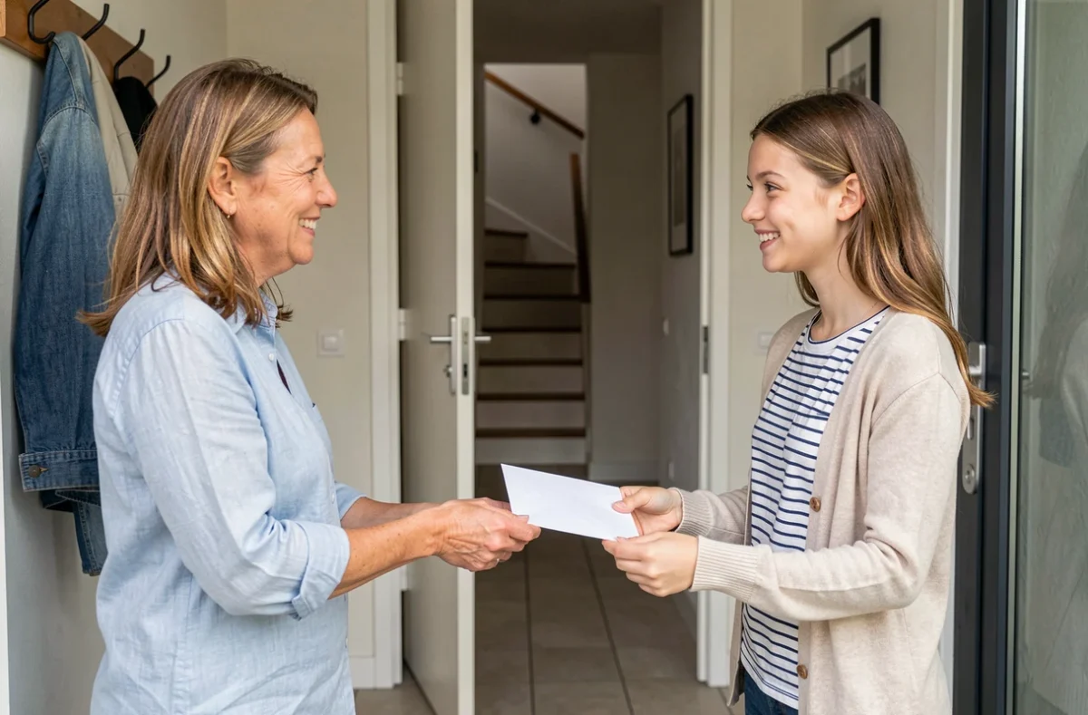 Mère remettant une enveloppe de paiement à une baby-sitter à la porte d'un appartement moderne