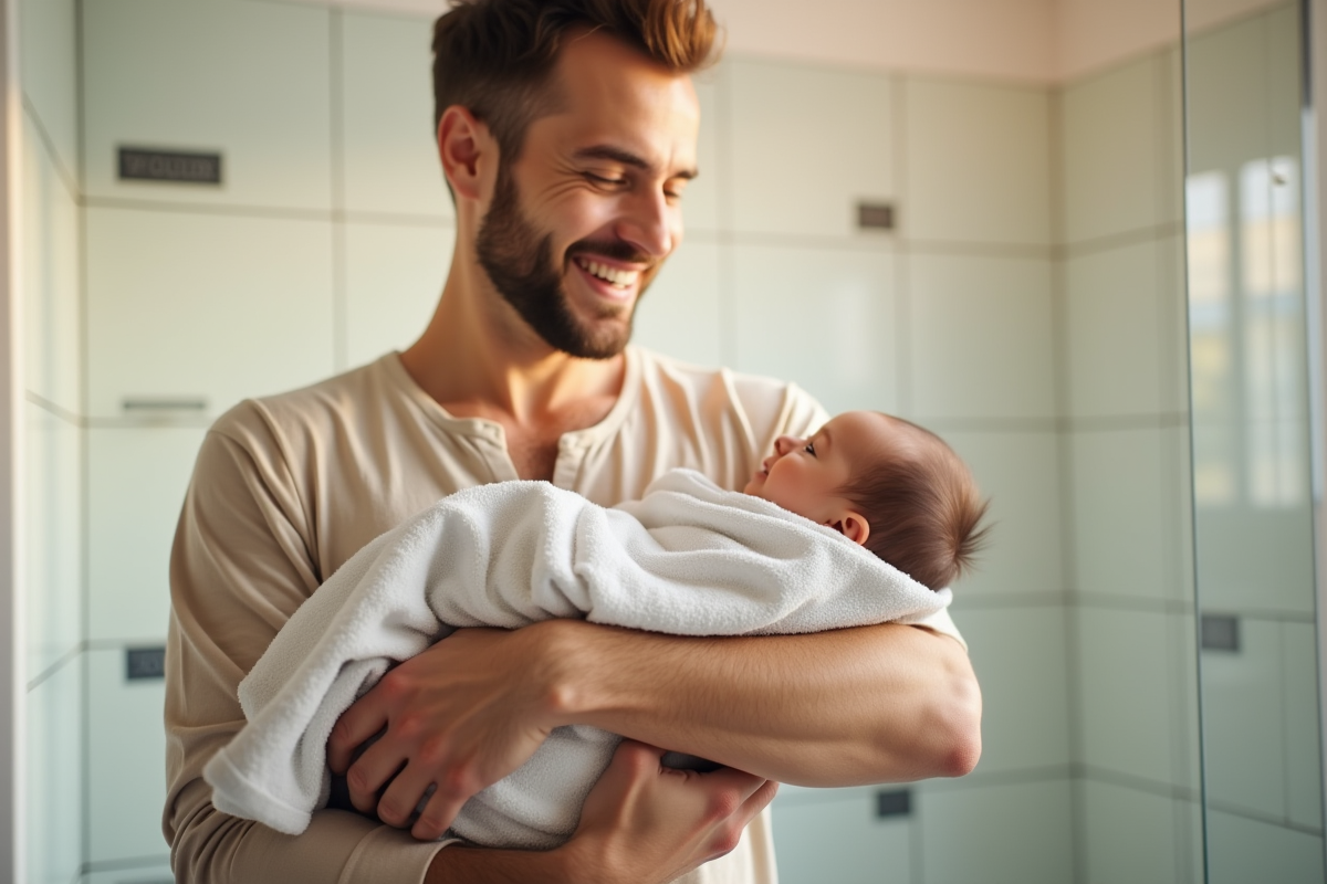Père tenant un bébé réveillé dans une salle de bain lumineuse