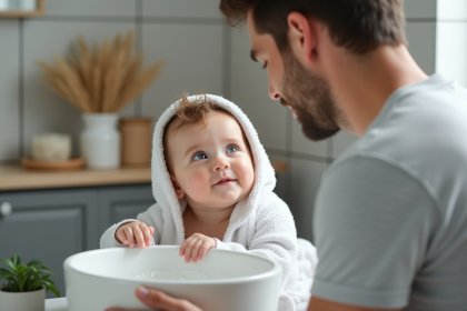 Père lavant doucement les cheveux de sa bébé fille