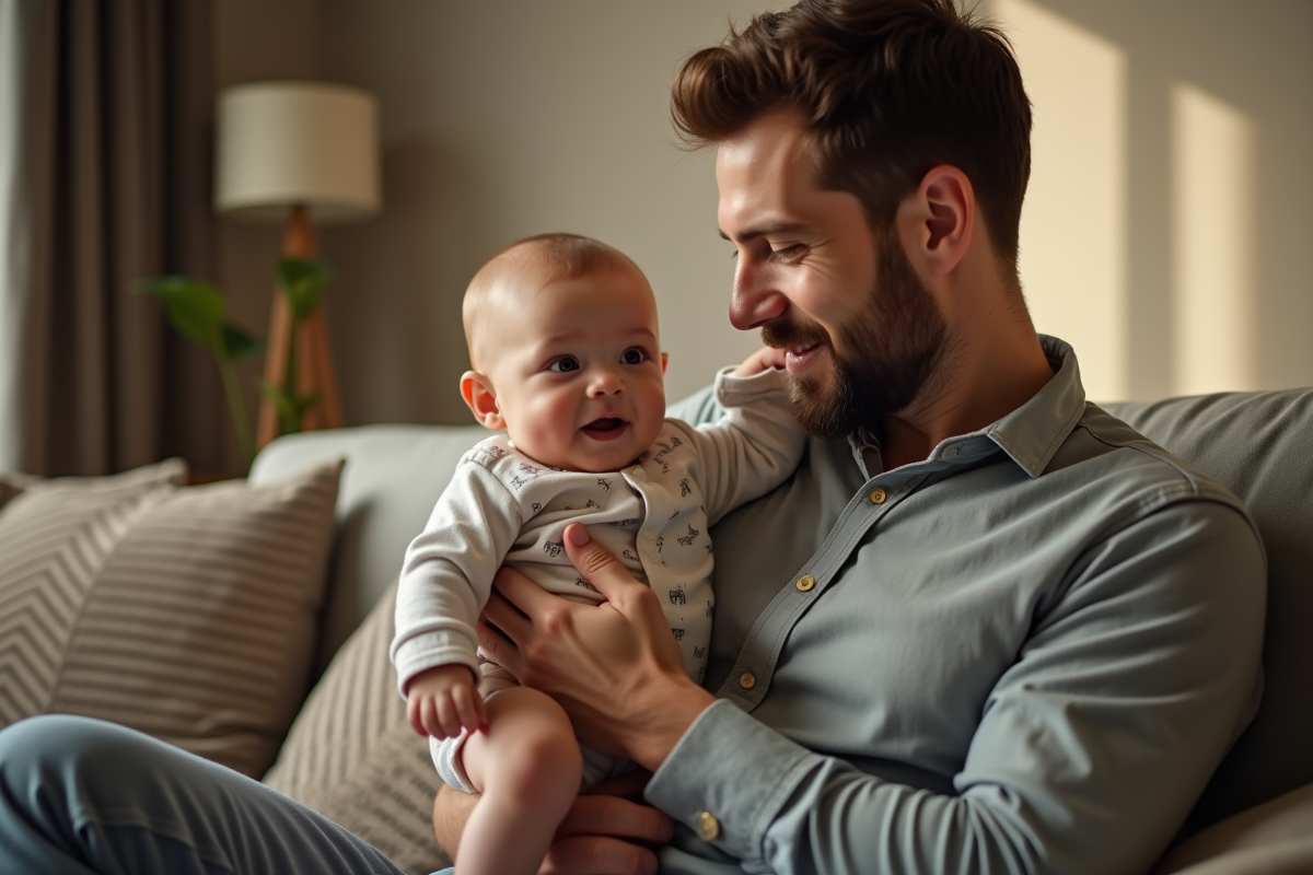 Papa tenant doucement son bébé de quatre mois dans un salon chaleureux