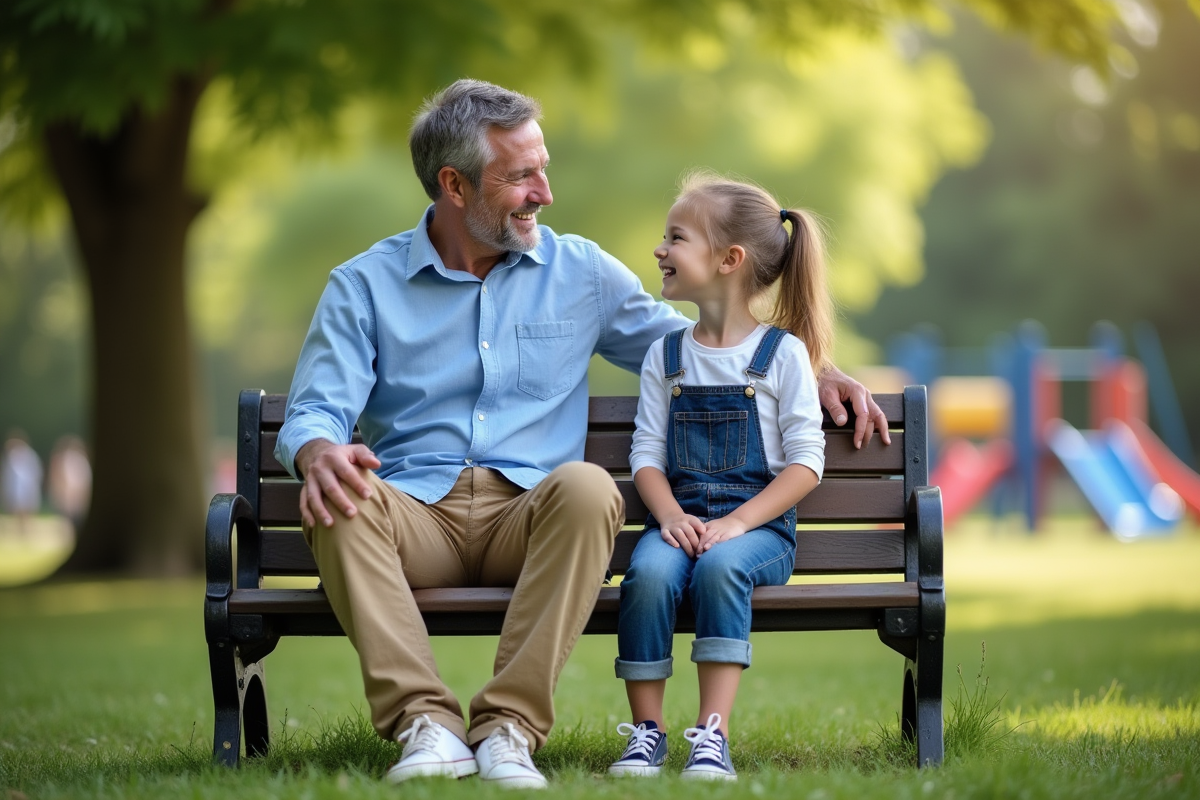 Papa et sa fille souriant dans un parc en plein air