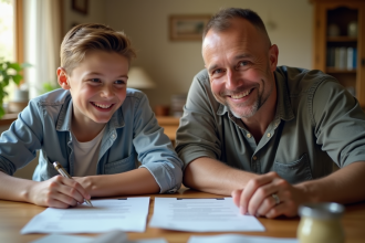 Père et fils souriants examinant des documents dans le salon