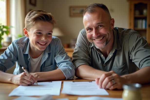 Père et fils souriants examinant des documents dans le salon