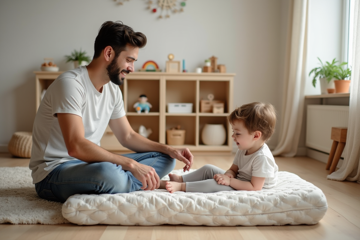 Père et enfant partageant un moment rassurant dans la chambre