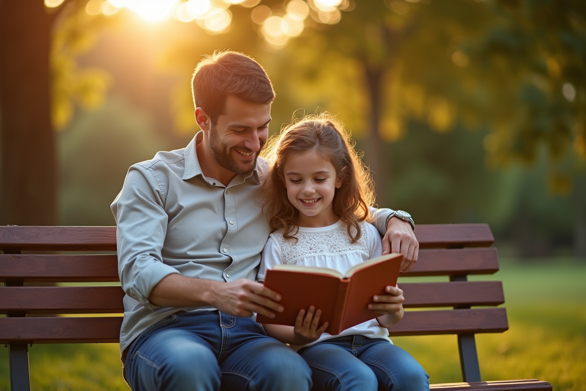 Père et fille lisant dans un parc en fin d'après-midi