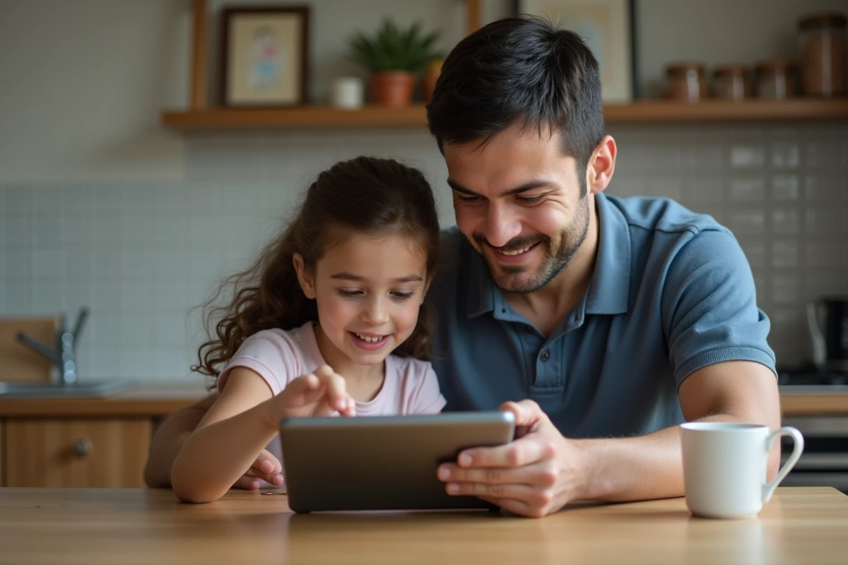 Père et fille utilisant une tablette à la cuisine en famille