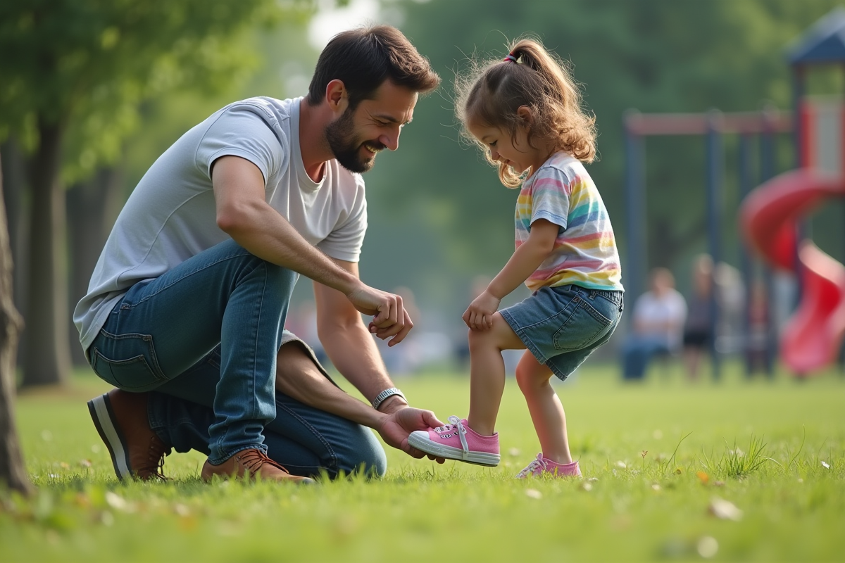 Papa attache les lacets de sa fille dans un parc urbain
