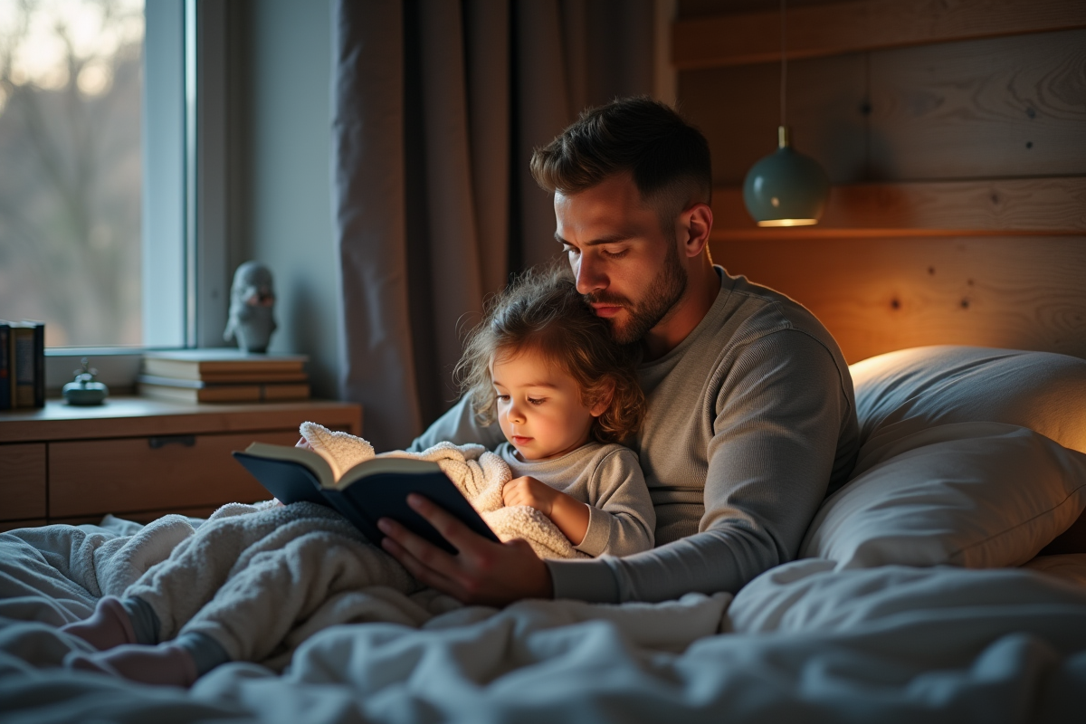 Papa lit une histoire à sa fille dans une chambre moderne au coucher