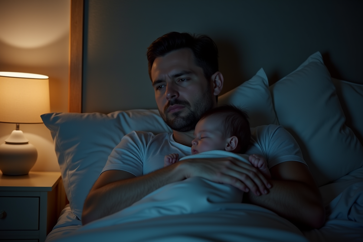 Père tenant son bébé endormi dans une nurserie la nuit