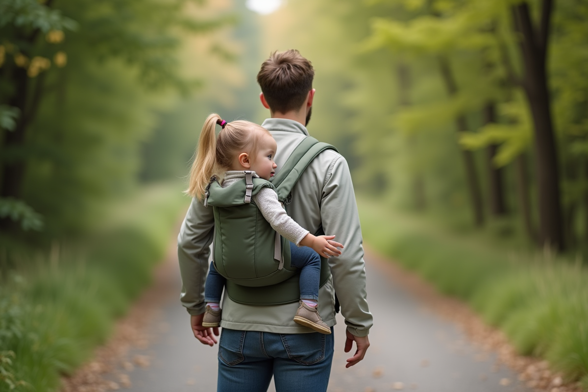 Père portant sa fille en porte-bébé lors d