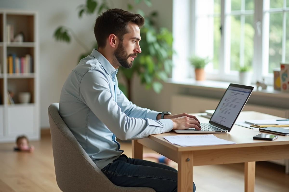 Papa travaillant sur ordinateur dans le salon