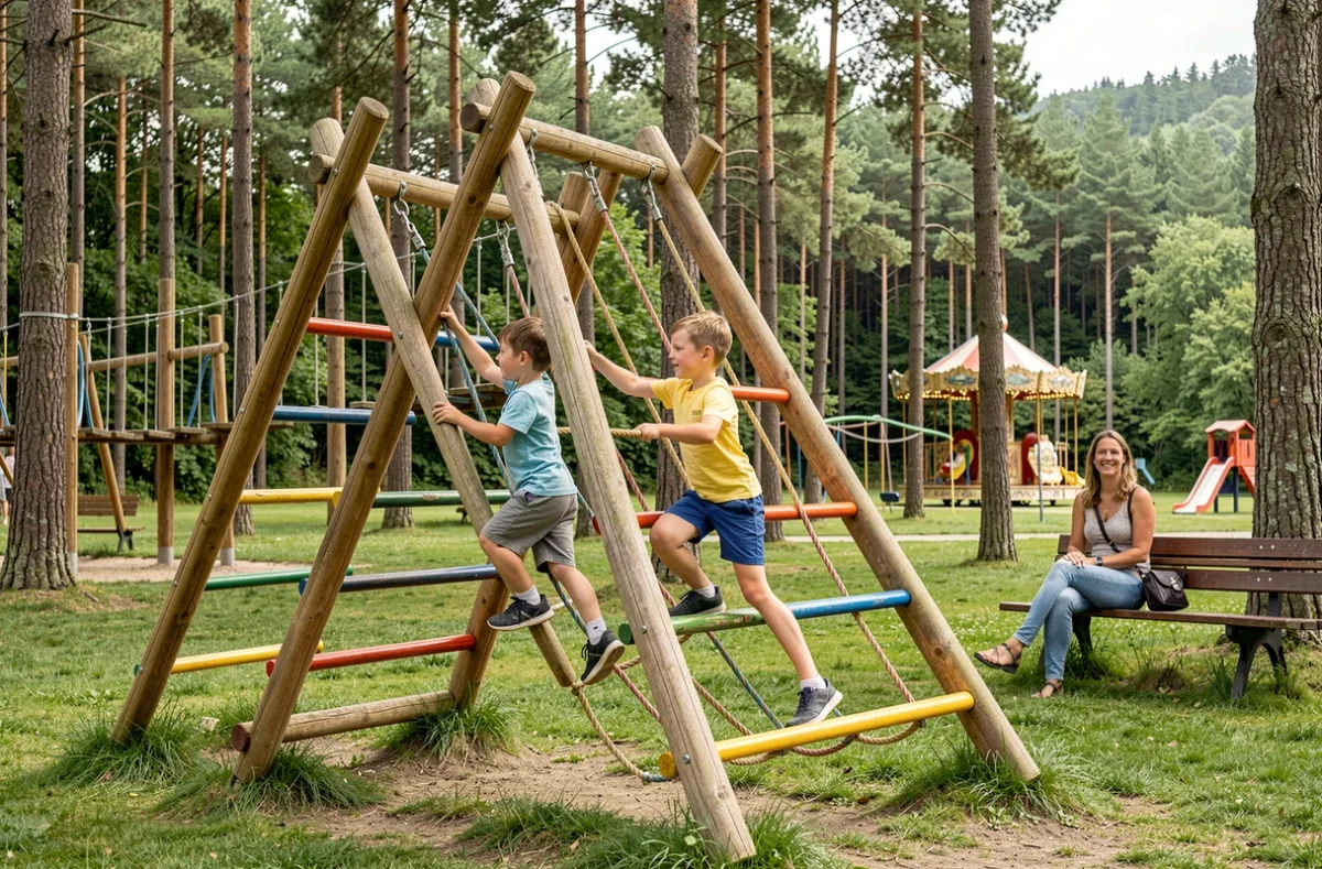 Enfants jouant sur les structures en bois du Parc Fenestre à La Bourboule entouré de pins